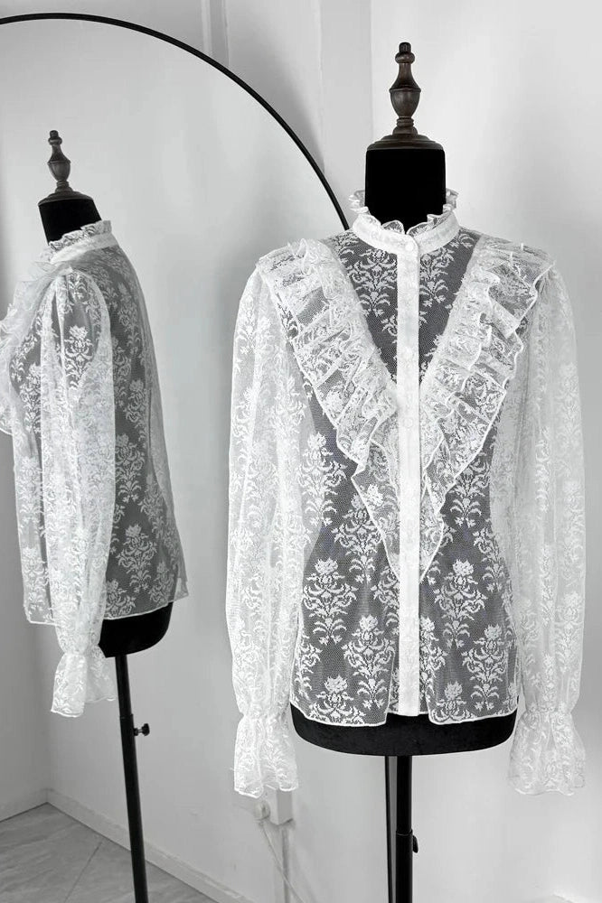 Glorol - Lace Printed See-Through Long Sleeve Top