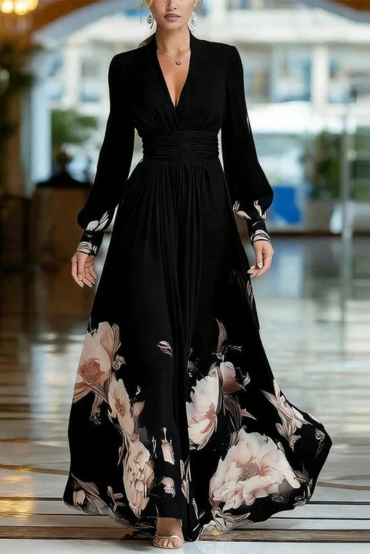 Glorol - Floral Print High Waist V-Neck Long Sleeve Pleated Maxi Dress