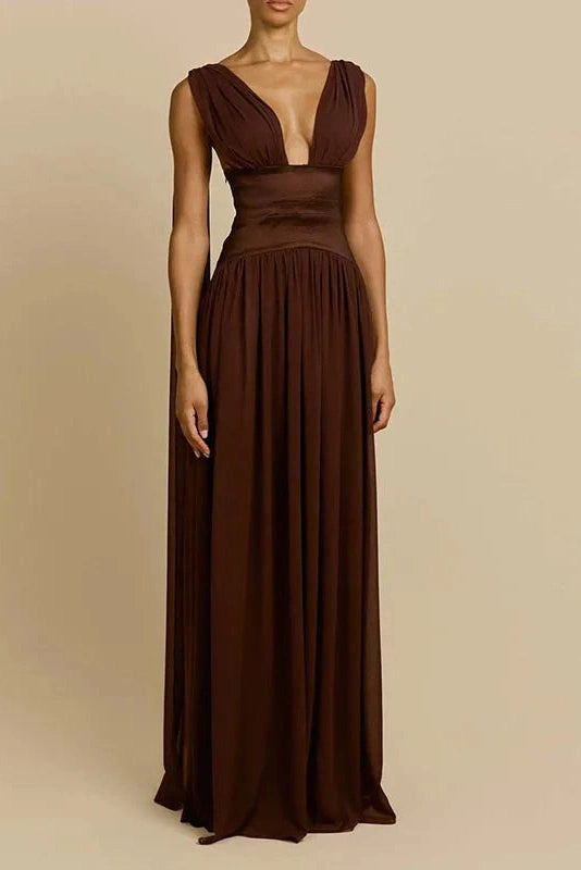 Glorol - Sleeveless V-Neck High Waist Pleated Maxi Dress