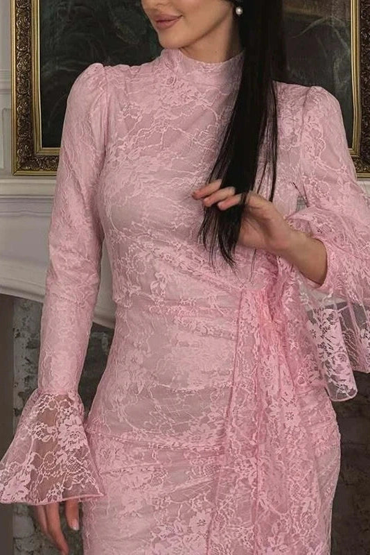 Glorol - O-Neck Lace High Waist Long Sleeve Pleated Maxi Dress