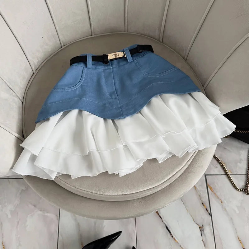 Glorol - High Waist Splice Denim Skirt