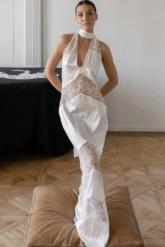 Glorol - Hollow Lace Sleeveless Lace-Up V-Neck Maxi Dress