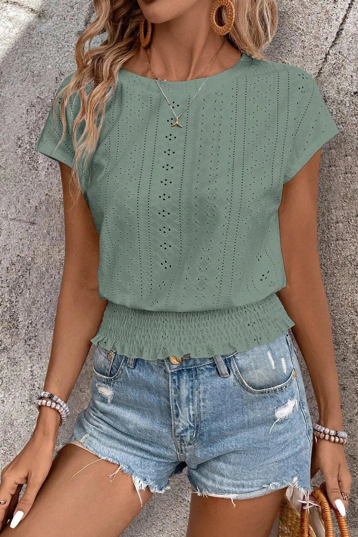 Glorol - Hollow Short-Sleeved O-Neck Top
