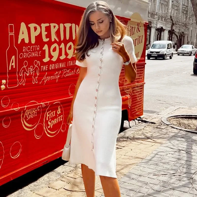 Glorol - Elegant Single Breasted Patchwork Midi Dress
