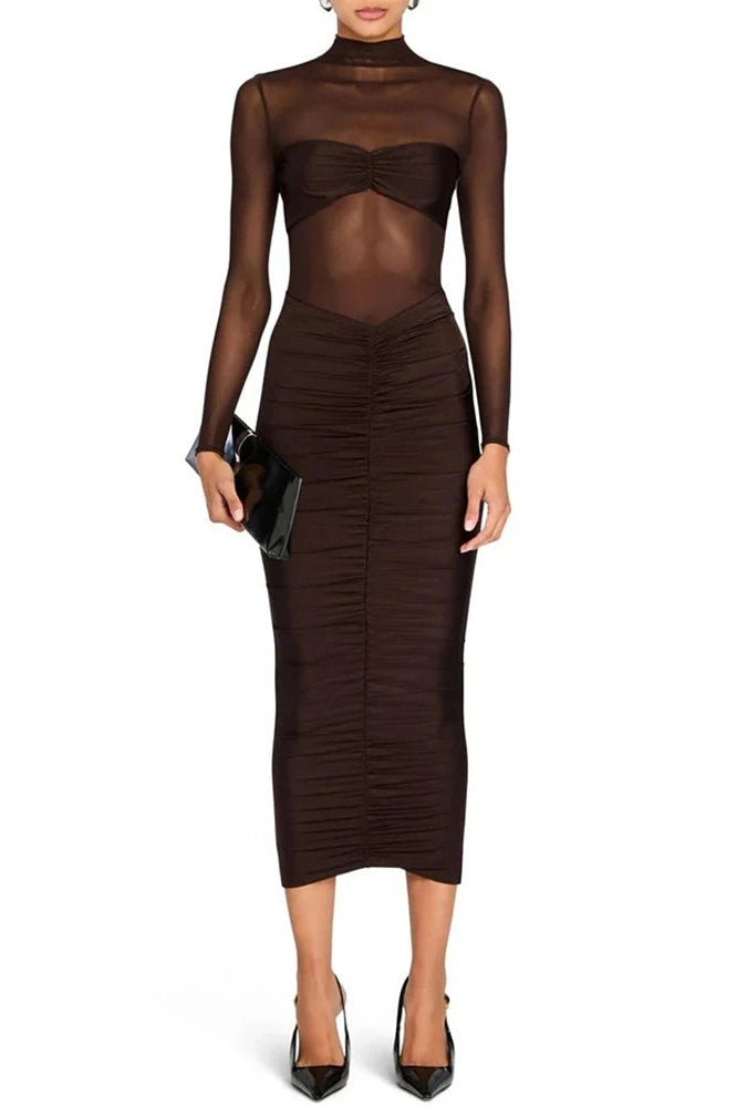 Glorol - Long Sleeve See Through Backless Bodycon Maxi Dress