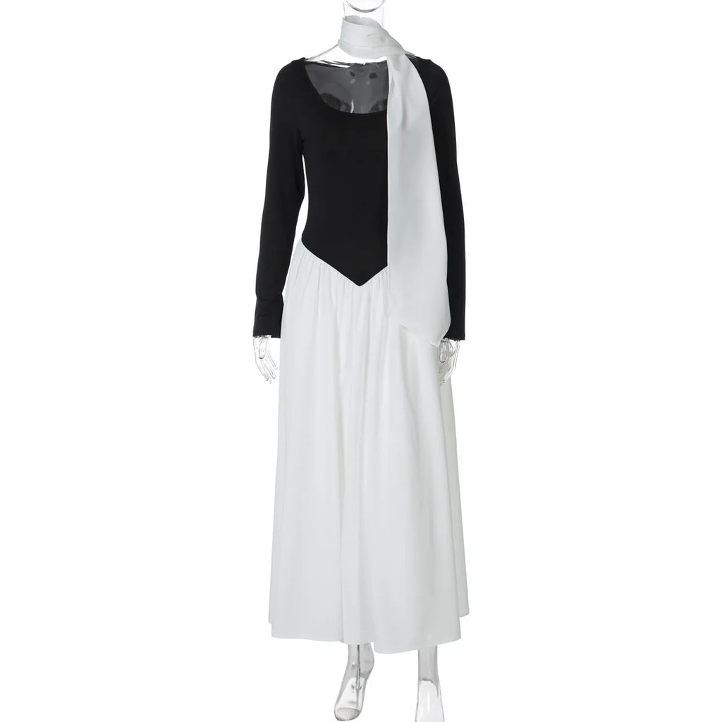 Glorol - Patchwork Scarf Ribbon Round Neck A-Line Maxi Dress