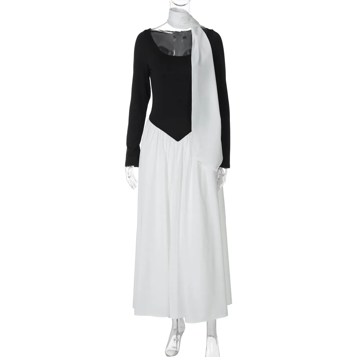 Glorol - Patchwork Scarf Ribbon Round Neck A-Line Maxi Dress