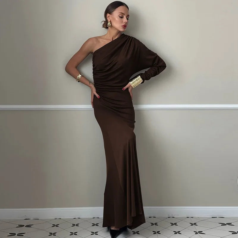 Glorol - Diagonal Collar One-Shoulder Long Sleeve Maxi Dress