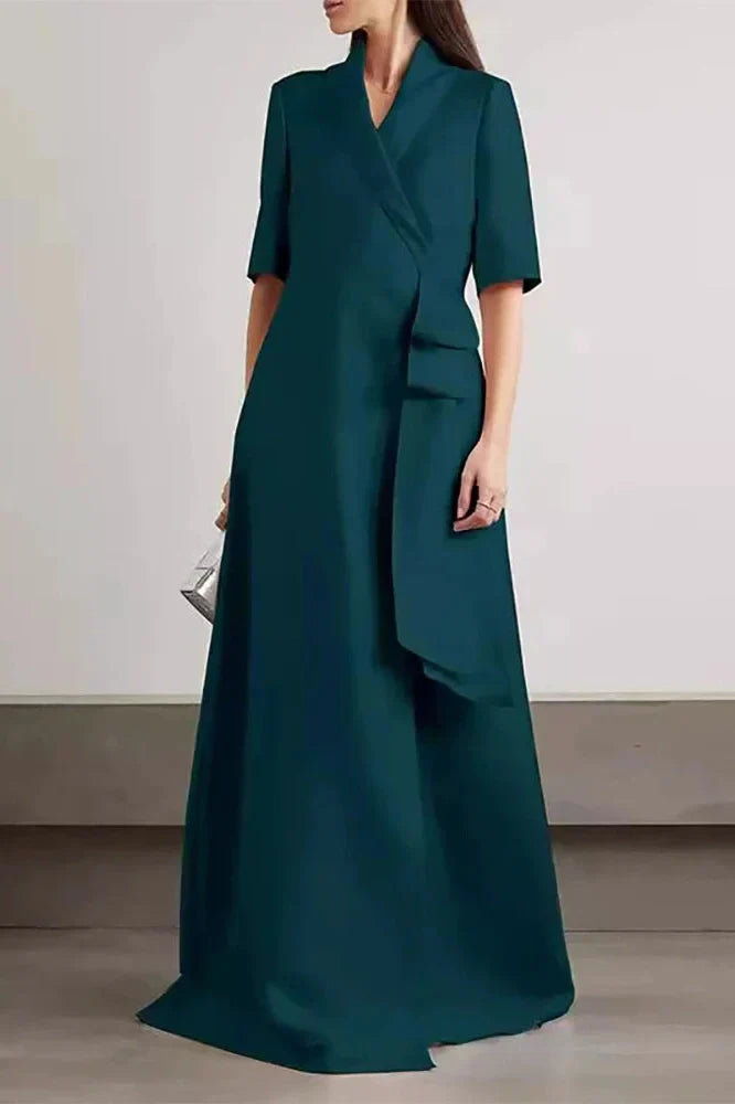 V-Neck High Waist A-Line Half Sleeve Maxi Dress
