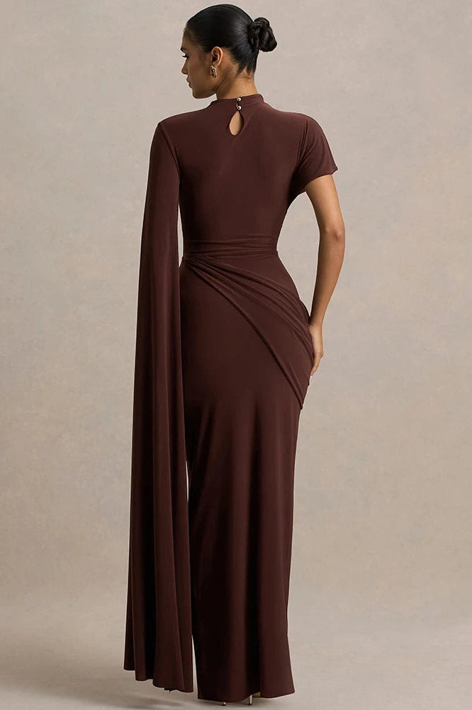 Glorol - One Cape Sleeve O Neck High Collar High Waist Maxi Dress