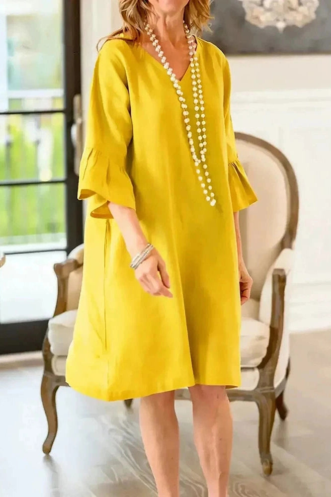 Glorol - Half Sleeve V-Neck Loose Pleated A-Line Mini Dress