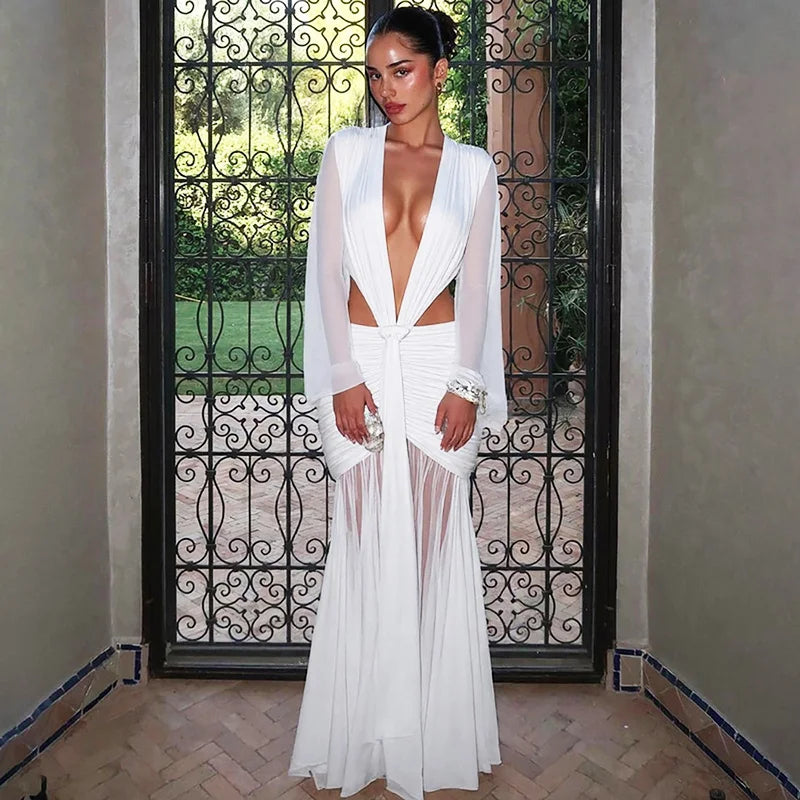 Glorol - Pleated Deep V-Neck Bodycon Maxi Dress