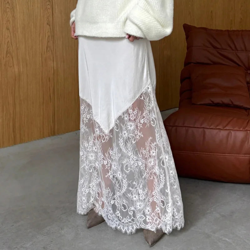 Glorol - High Waist Loose See-Through Lace Skirt