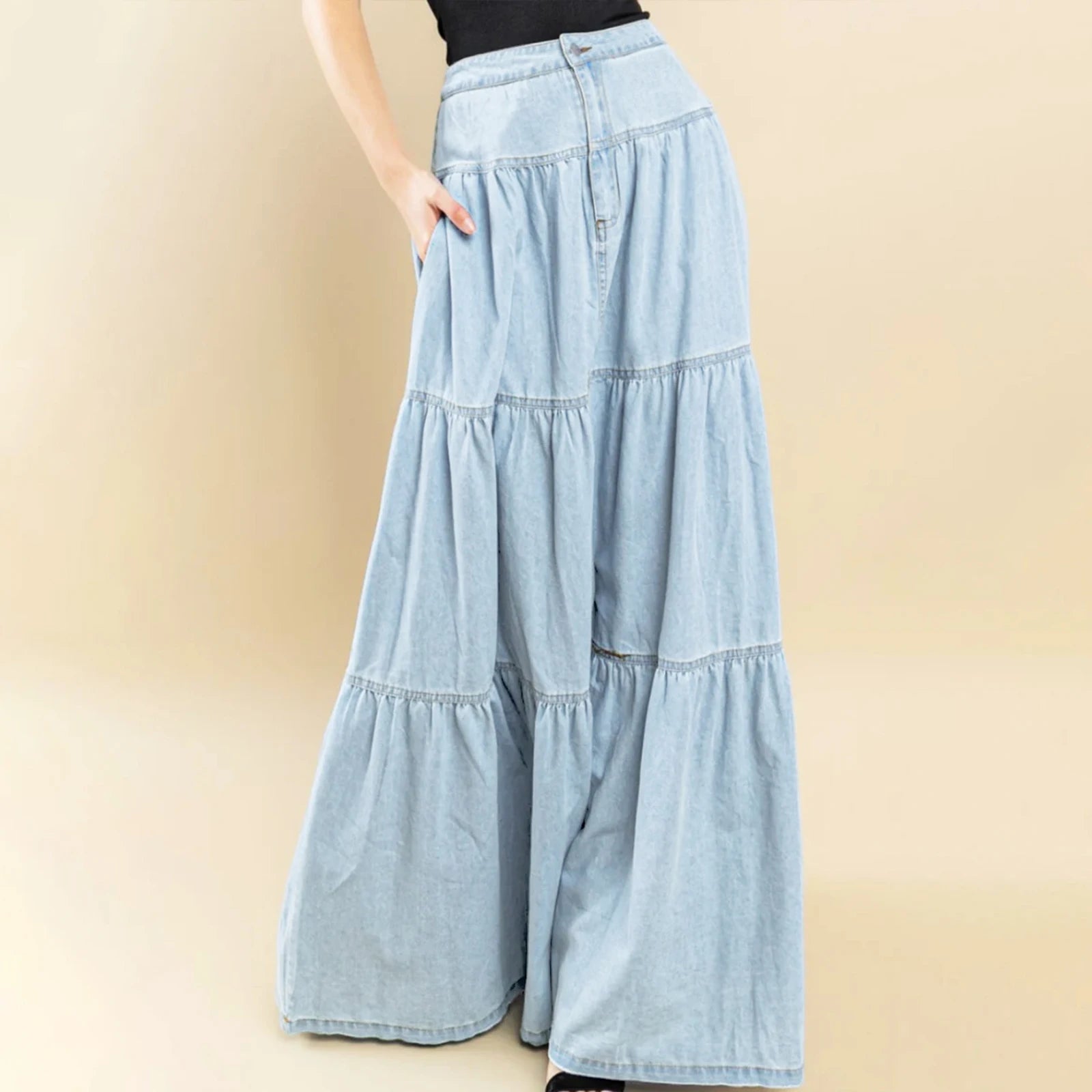 Glorol - High Waist A-Line Denim Skirt