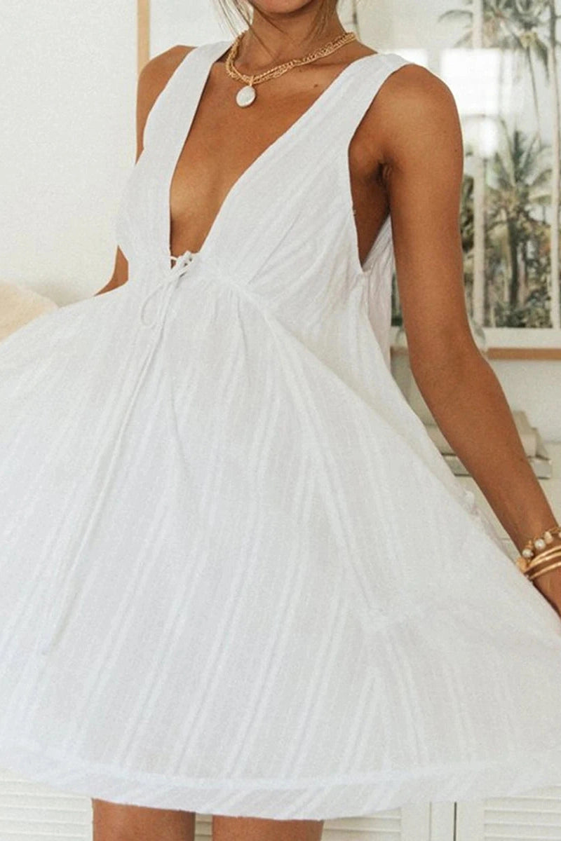 Glorol - Deep V-Neck Tie-Up Backless A-Line Mini Dress