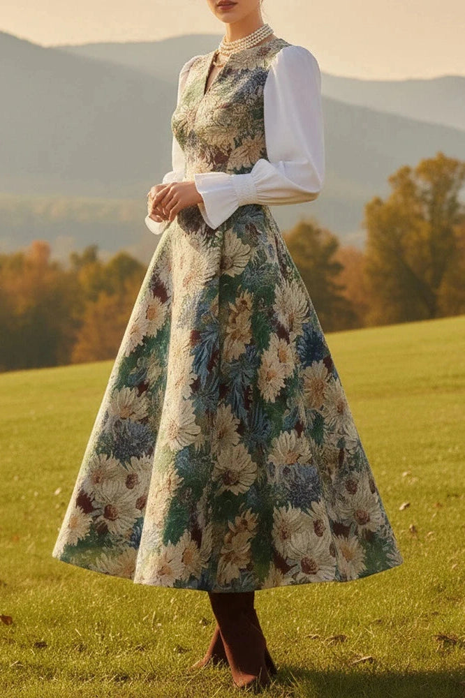 Glorol - Elegant High Waist Pleated V-Neck Printed Midi Dress