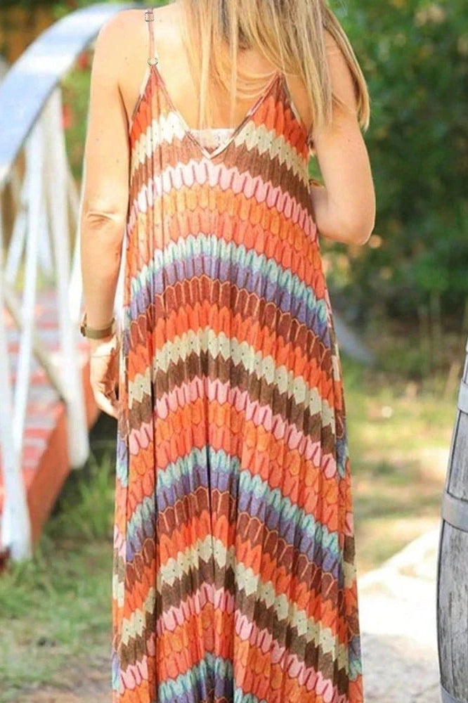 Glorol - Pleated Printed Sleeveless Loose Backless High Waist Maxi Dress