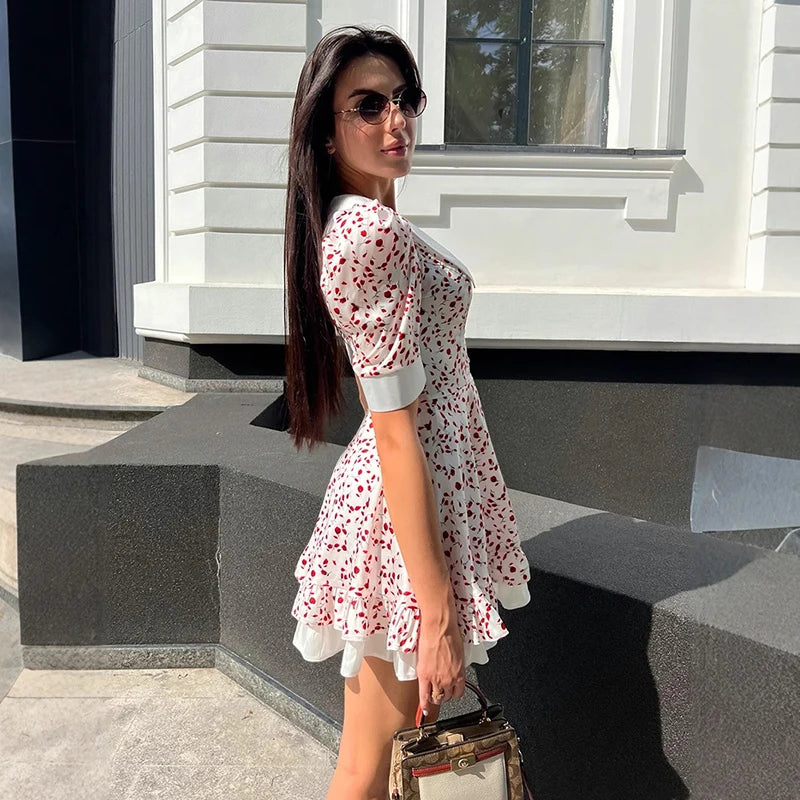 Glorol - Printed Short Sleeve High Waist Mini Dress