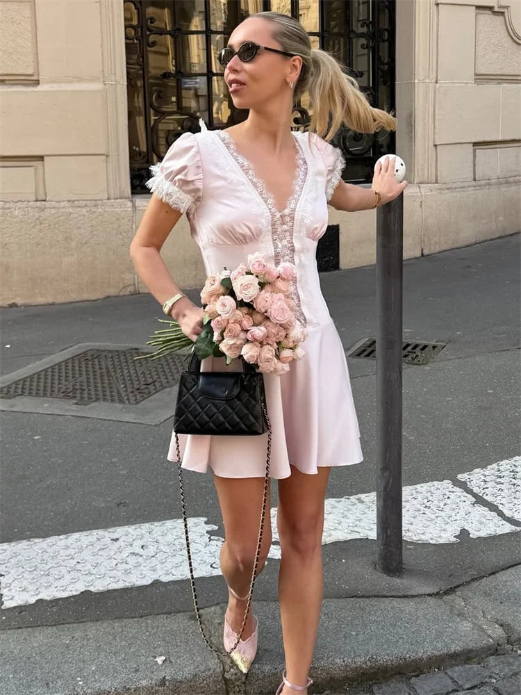 Glorol - V-Neck Hollow Out High Waist Patchwork Mini Dress