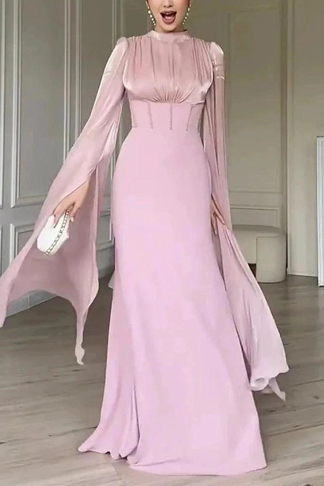 Glorol - Elegant O-Neck Split Sleeve Slim Pleated High Waist Maxi Dress