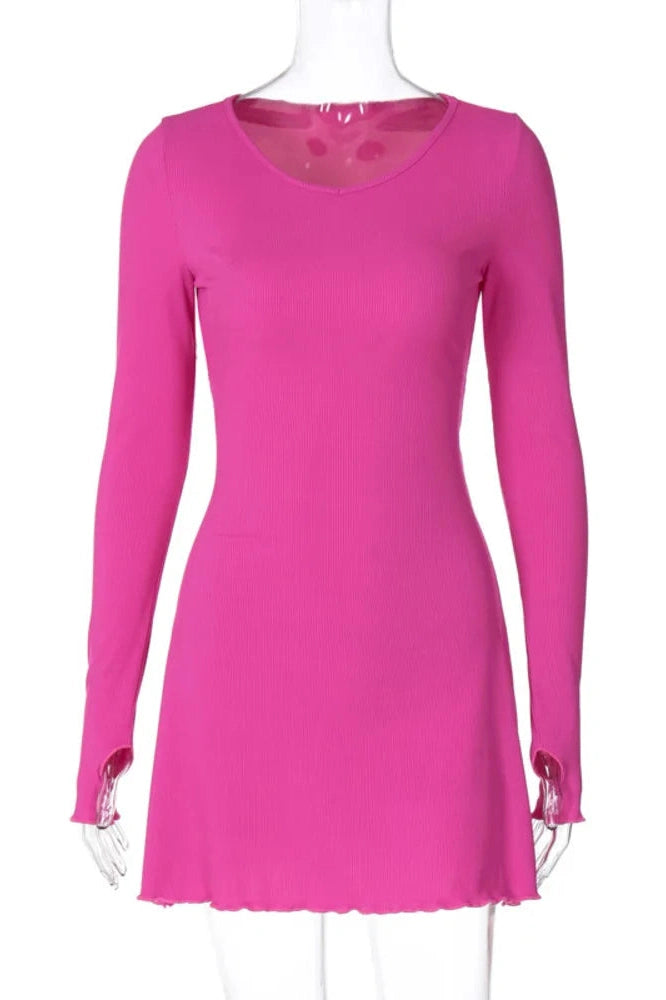 Glorol - Long Sleeve O Neck Lace-up Mini Dress