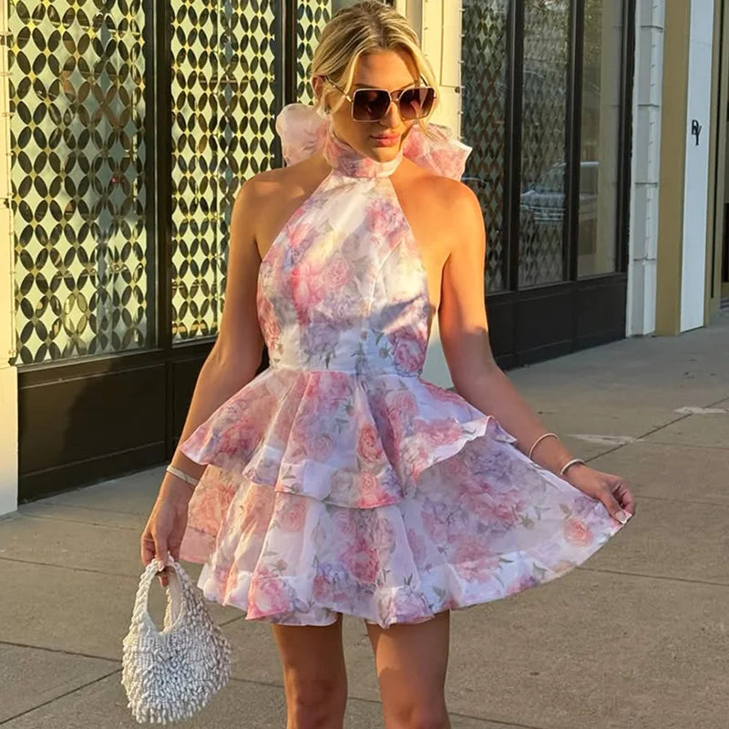 Glorol - Print Lace-Up Halter Neck Patchwork Pleated Mini Dress