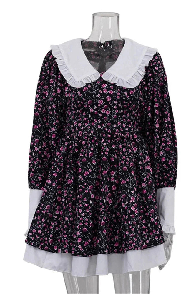 Glorol - Printed V-Neck Slim Long Sleeve Bodycon Mini Dress