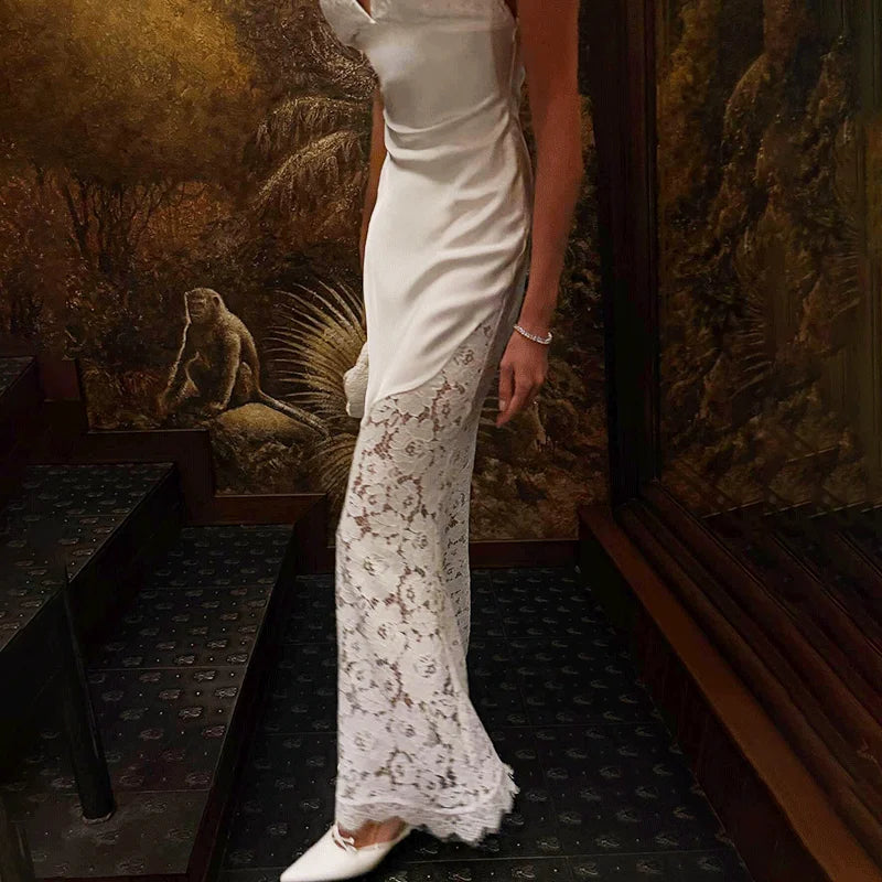 Glorol - Lace Deep V-Neck Hollow Out High Waist Maxi Dress
