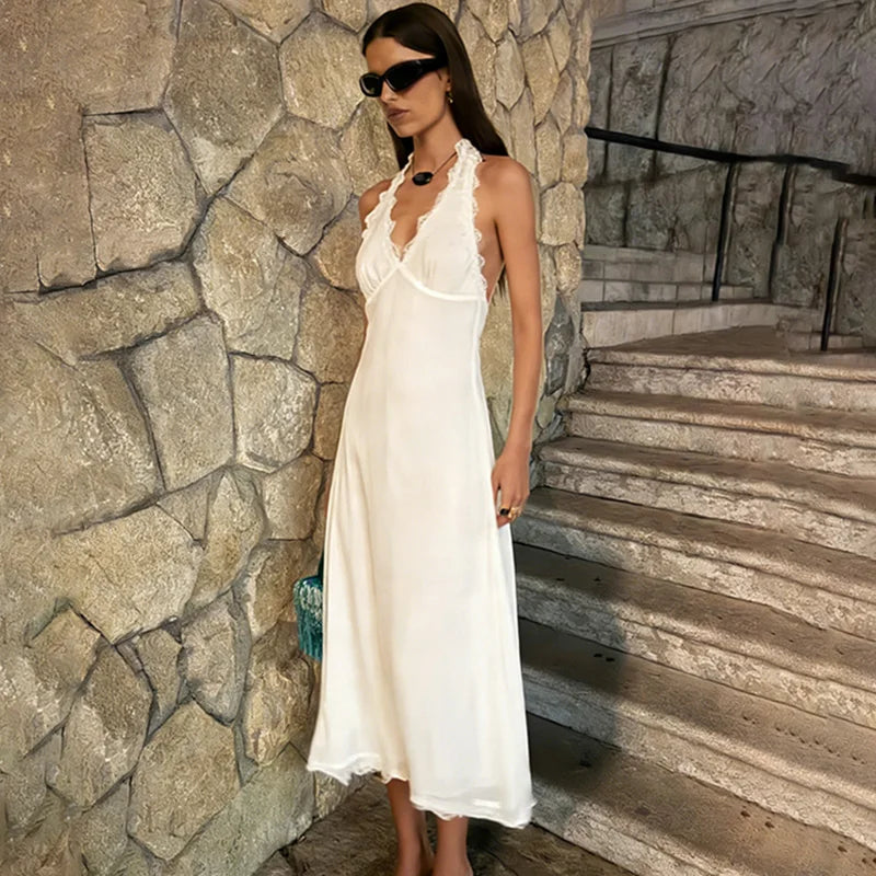 Glorol - Lace Up Patchwork Backless Sleeveless Maxi Dress