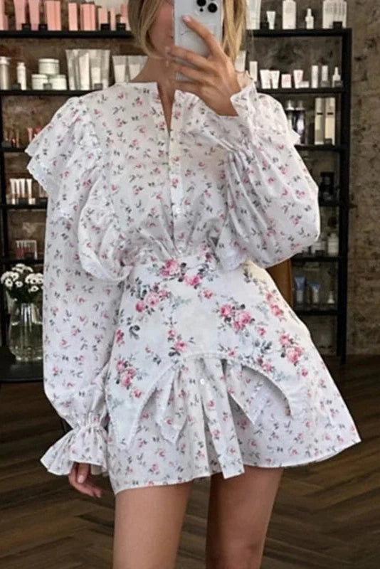 Glorol - Printed Lace Up Long Sleeve Slim Mini Dress