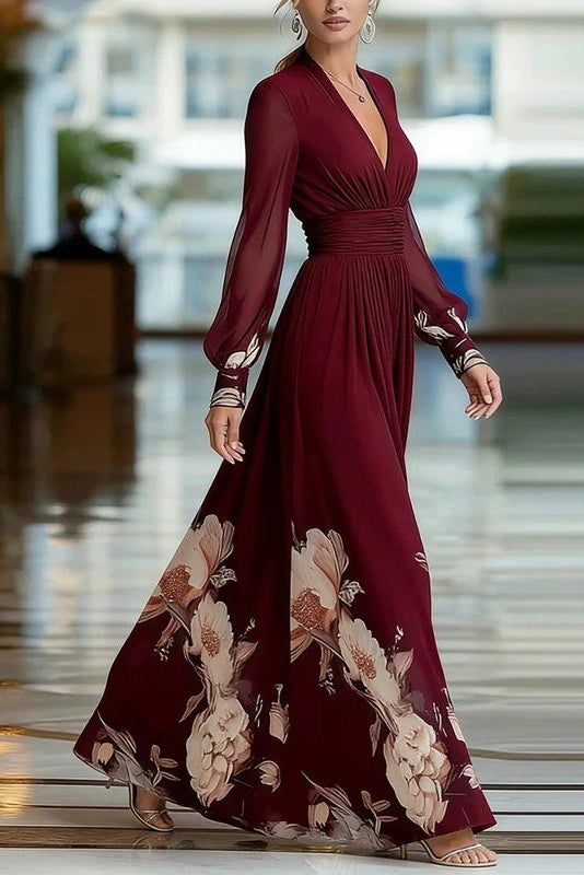 Glorol - Floral Print High Waist V-Neck Long Sleeve Pleated Maxi Dress