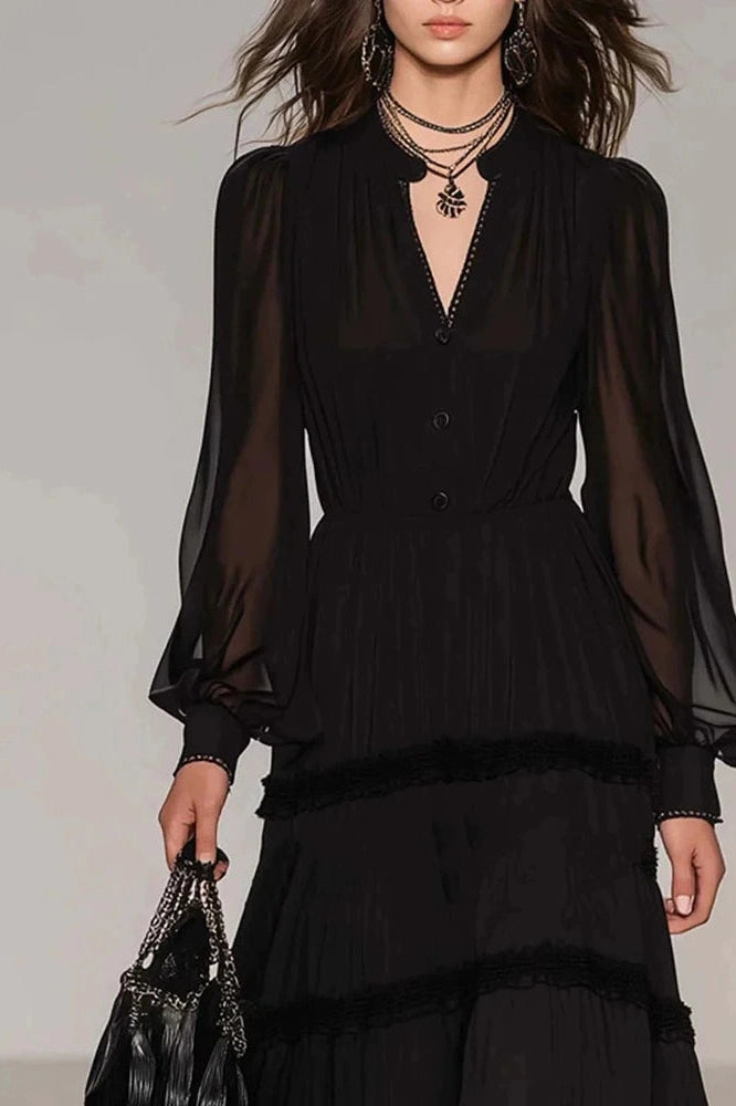Glorol - Pleated V-Neck Long Sleeve High Waist Maxi Dress