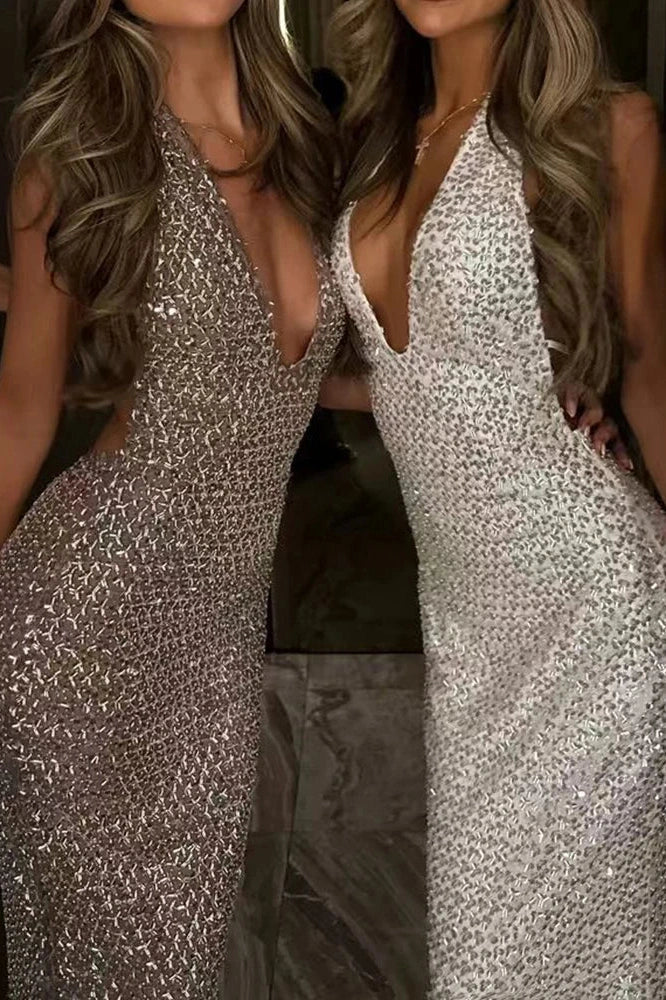 Deep V-Neck High Waist Slim Sleeveless Off Shoulder Backless Maxi Dress