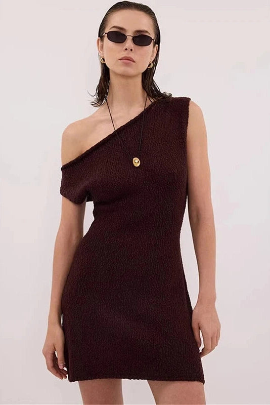 Glorol - Elegant Knitted One-Shoulder Slim Mini Dress