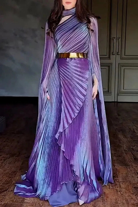 Glorol - Elegant Hollow Out Printed Slit Sleeve High Waist Maxi Dress