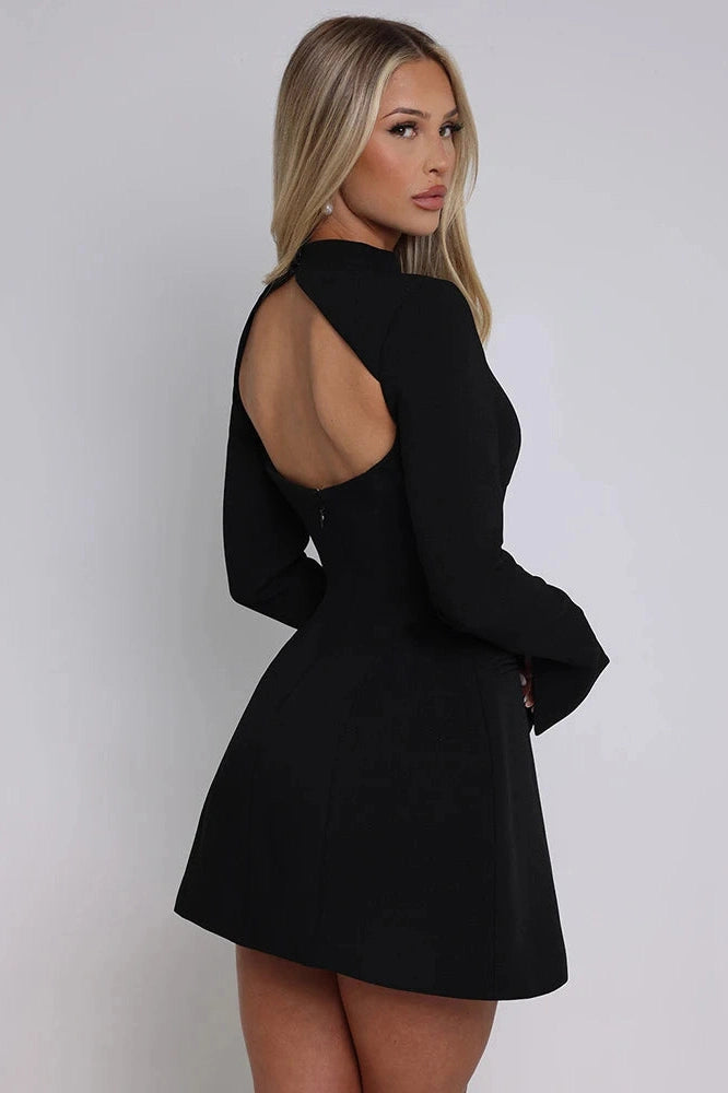 Glorol - Long Sleeve O-Neck High Waist Backless A-line Mini Dress
