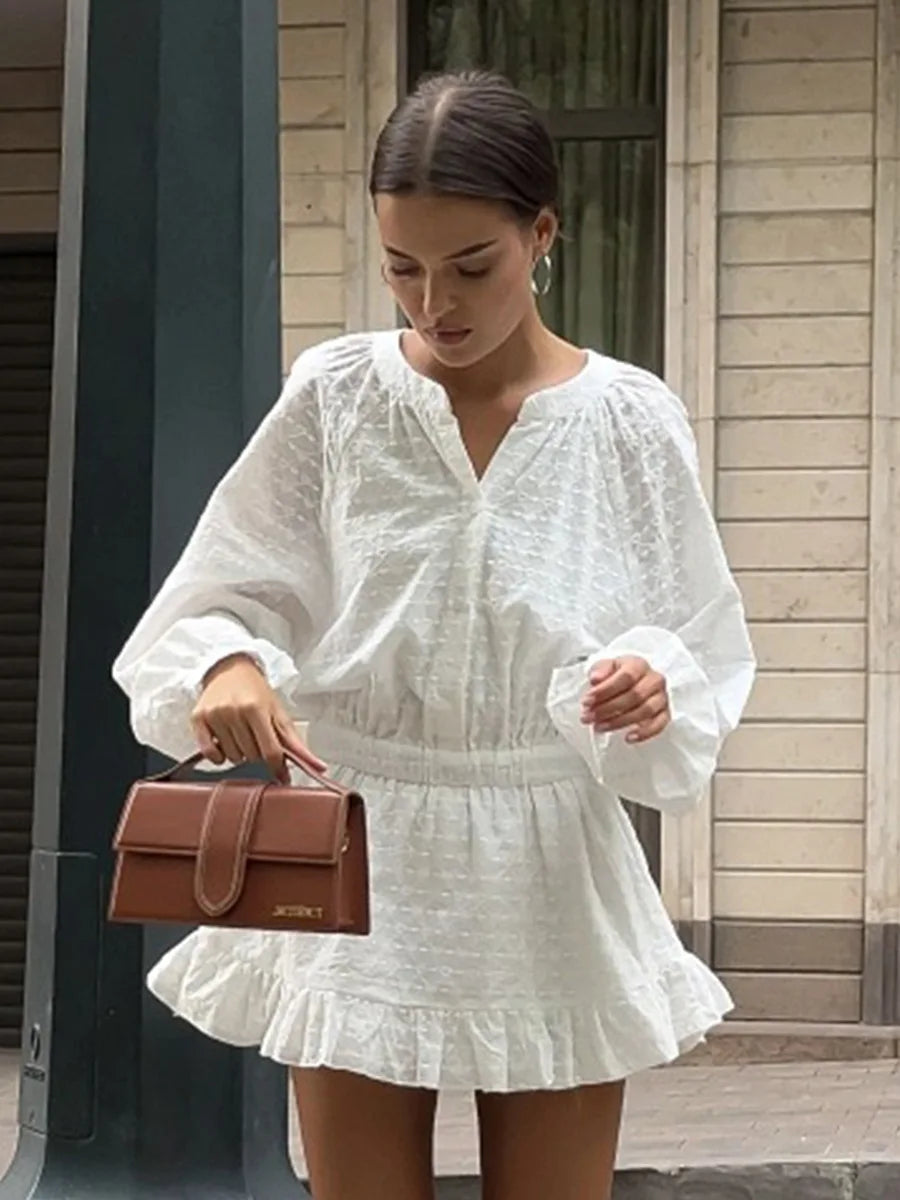Glorol - O Neck Long Sleeve Pleated A-line Mini Dress