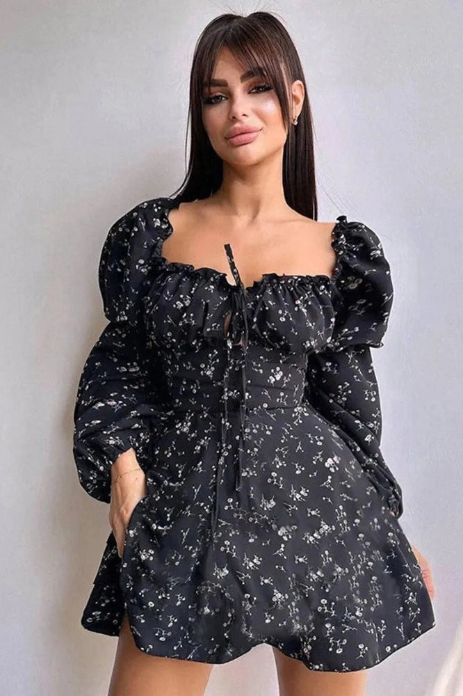 Glorol - Long Puff Sleeve Square Collar Backless Mini Dress