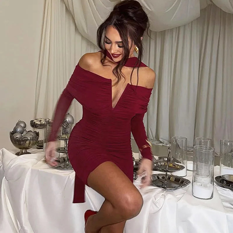 Glorol - Off-Shoulder Scarf Ribbon Long Sleeve Mini Dress