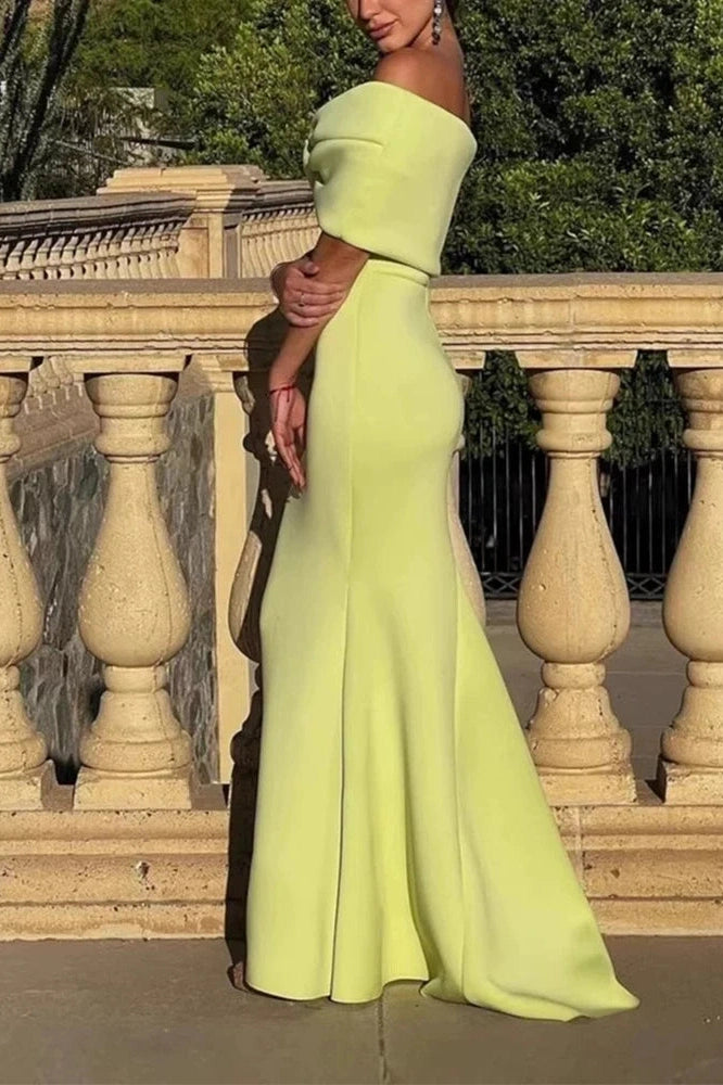 Glorol - High Waist Off-Shoulder Slim Pleated Maxi Dress