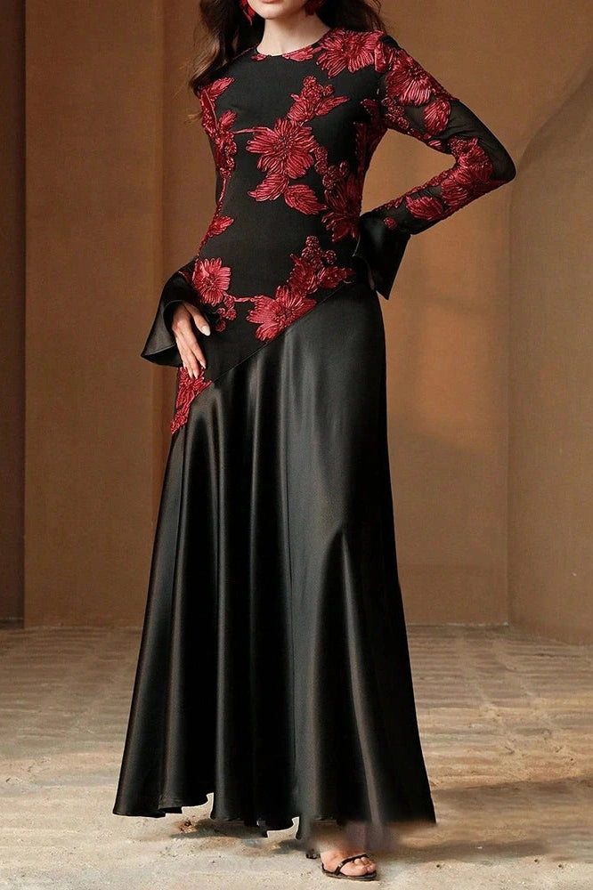Glorol - Elegant High Waist O-Neck Flare Sleeve Pleated Maxi Dress
