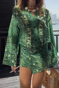 Glorol - Long Sleeve Loose V-Neck Printed Pleated Mini Dress