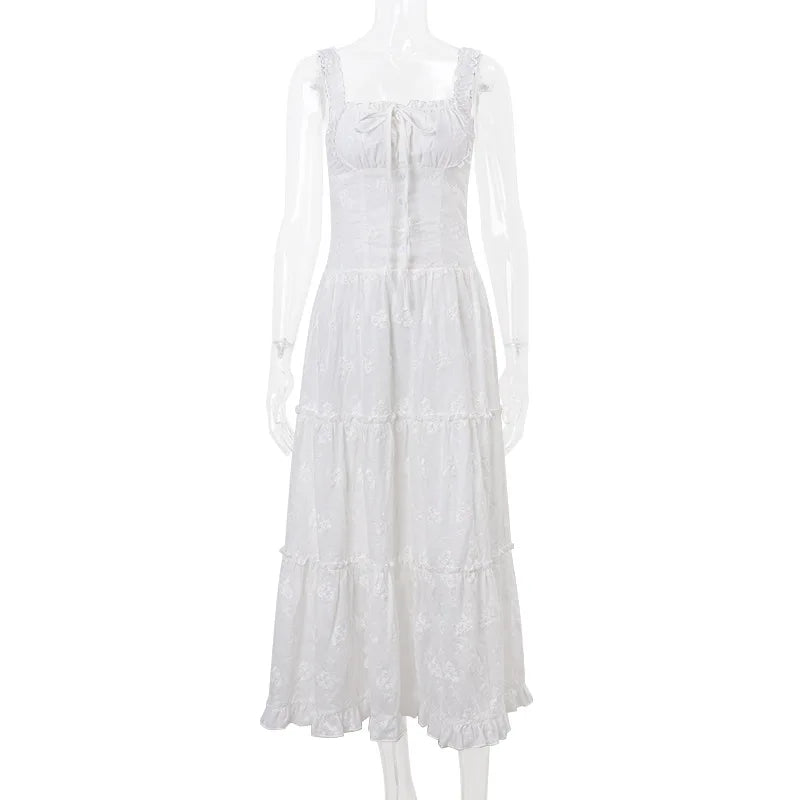 Glorol - Lace Up Square Collar High Waisted Maxi Dress
