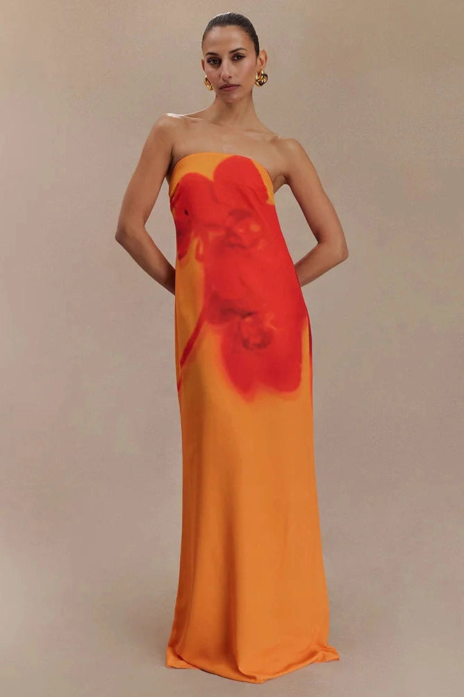 Glorol - Printed Strapless Off-Shoulder Backless Sleeveless Maxi Dress
