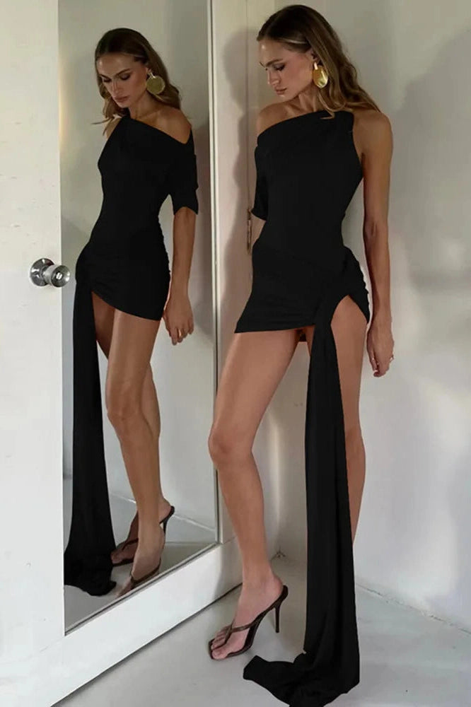 Glorol - Oblique Shoulder Backless Irregular Sleeveless Mini Dress