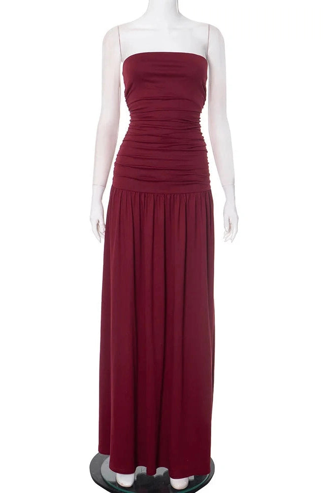 Glorol - Off-Shoulder Strapless Pleated Sleeveless High Waist Maxi Dress