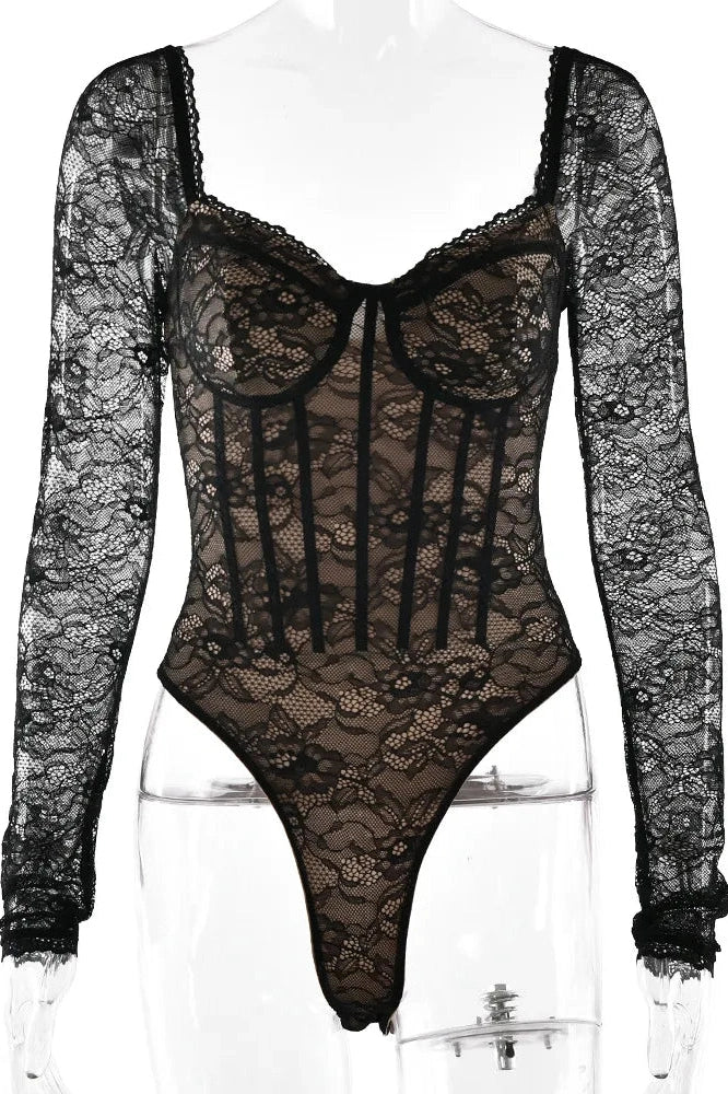 Glorol - Lace Corset Long Sleeve V-Neck Jumpsuit