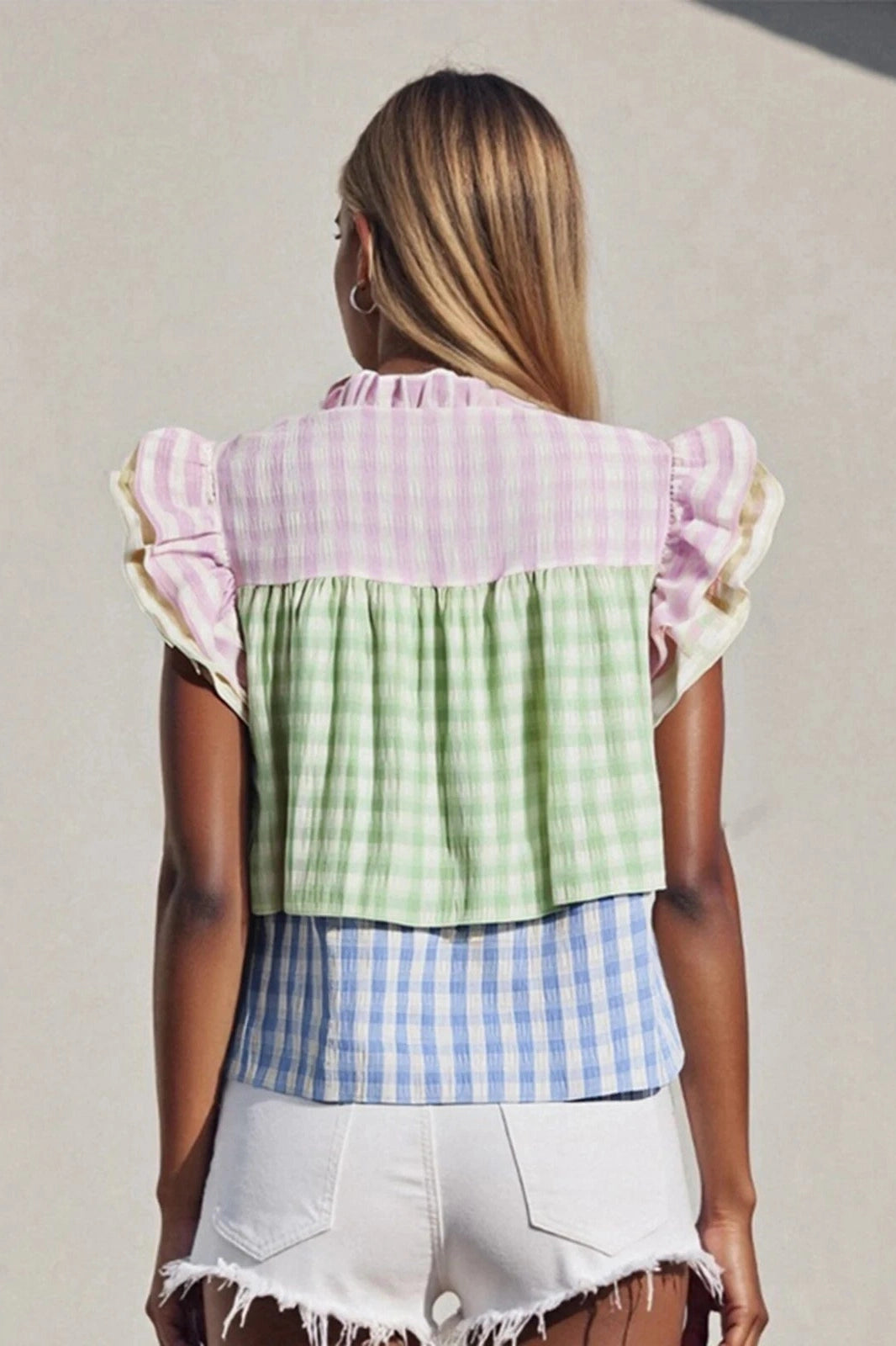 Glorol - Plaid V-Neck Sleeve Patchwork Loose Top