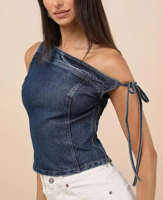 Glorol - One Shoulder Lace-Up Top