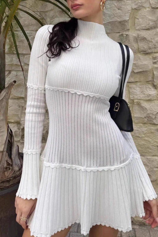 Glorol - Elegant Slim Knitted Turtleneck Sleeves High Waist Mini Dress